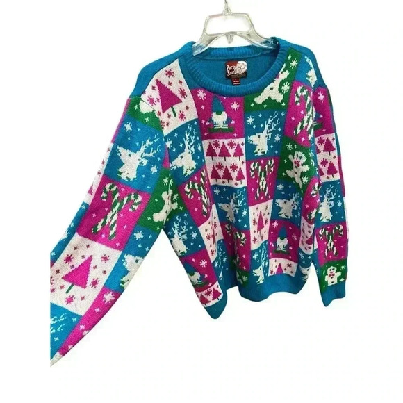 Party Sweater Dec 25th Adult Large Blue & Pink Pullover Sweater Holiday XMas - Picture 2 of 5